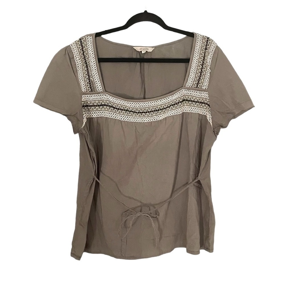 AE SPORT Cotton Embroidered Square Neck Short Sleeve Blouse Olive Green 14 - Picture 3 of 9